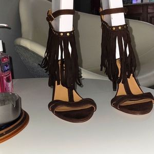 Nine West , suede brown , open toe heels , size 6 1/2 .